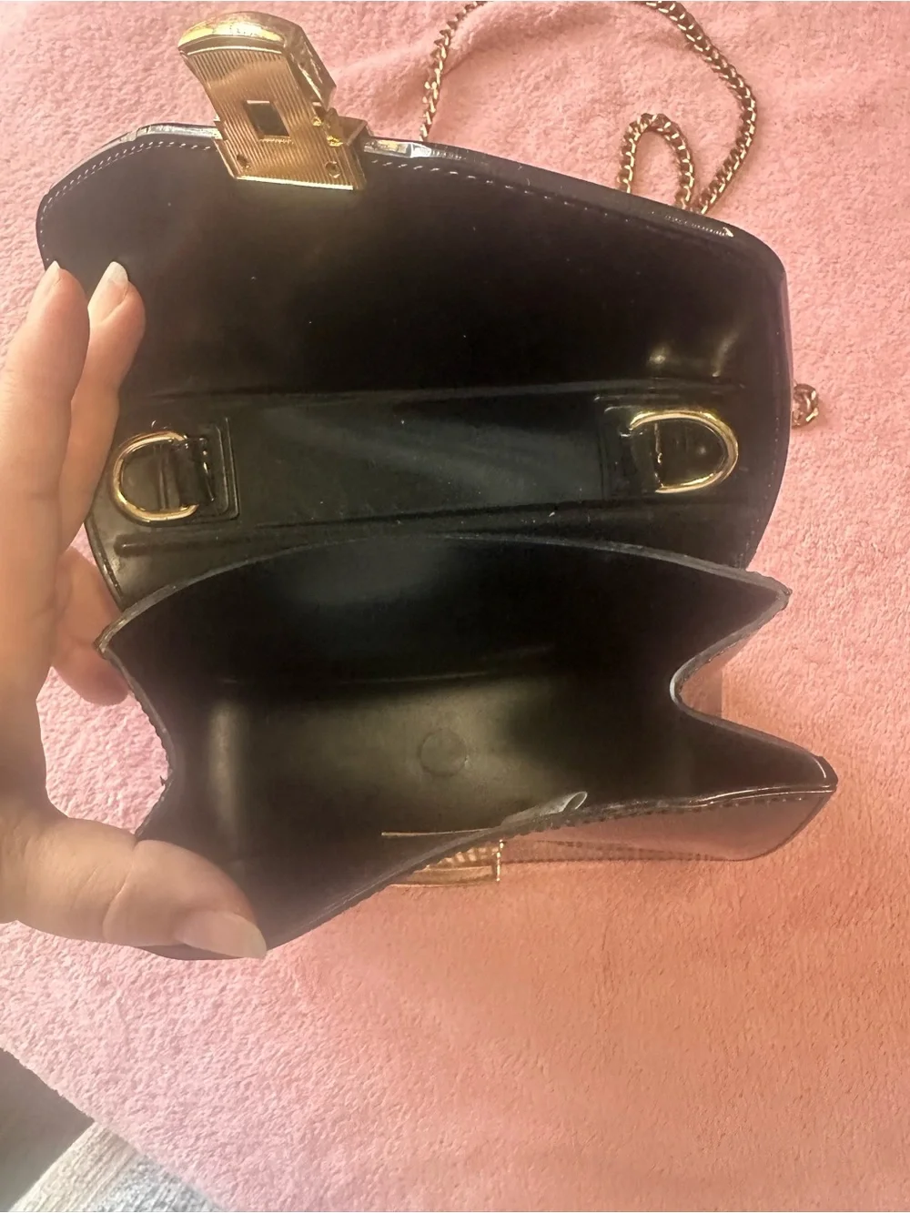Black Patent Leather Top-Handle Shoulder Bag with Gold Hardware